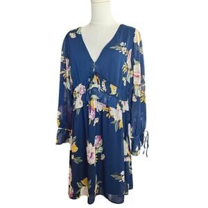 XHILIRATION Navy Floral V-Neck Waist Detail Long Sleeve Dress